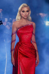 Red Prom Dress Column Asymmetrical Illusion Sleeves Beaded Slit Satin Formal Dress