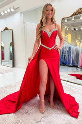 Red Prom Dress Corset Beaded Long Formal Dress With Slit