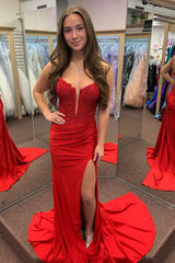 Red Prom Dress Corset Long Formal Dress With Lace