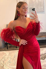 Red Prom Dress Detachable Long Sleeves Long Evening Dress with Feathers