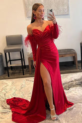 Red Prom Dress Detachable Long Sleeves Long Evening Dress with Feathers