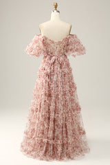 Red Prom Dress Floral Off the Shoulder Long Evening Dress