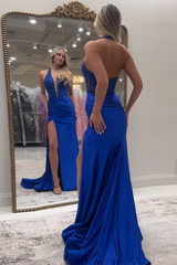 Red Prom Dress Halter Lace Corset Formal Dress With Slit