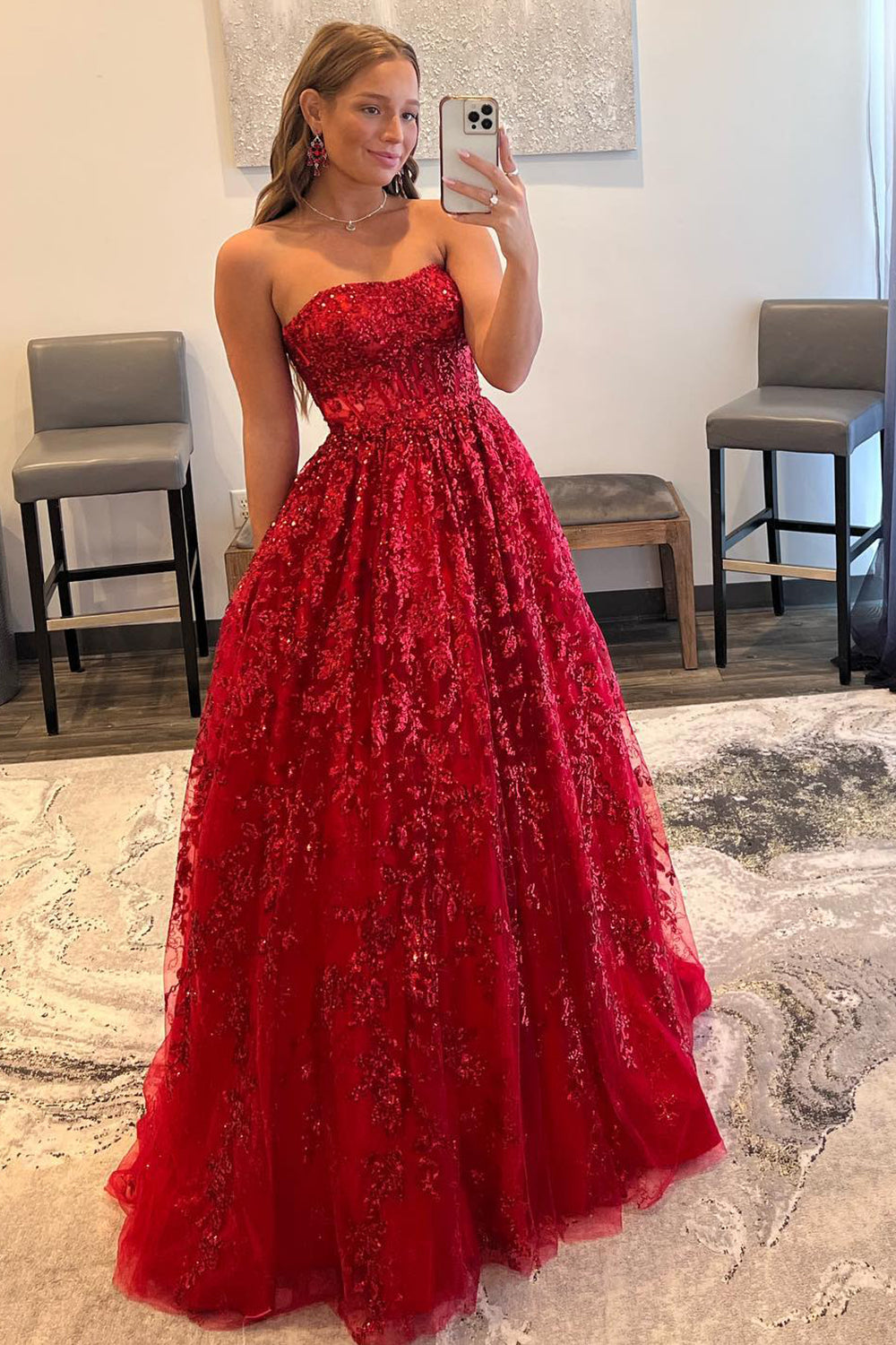 Red Prom Dress Long Evening Dress with Pockets