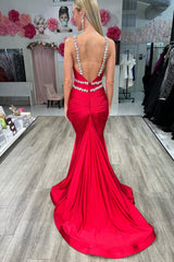Red Prom Dress Mermaid Backless Sequined Long Evening Dress
