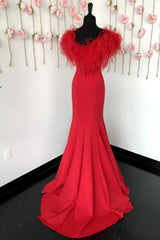 Red Prom Dress Mermaid Long Evening Dress with Feathers