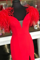 Red Prom Dress Mermaid Long Evening Dress with Feathers