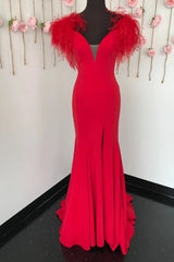 Red Prom Dress Mermaid Long Evening Dress with Feathers