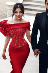 Red Prom Dress Mermaid Off The Shoulder Sequined Beading Formal Dress With Lace