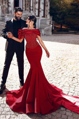 Red Prom Dress Mermaid Off The Shoulder Sequined Beading Formal Dress With Lace