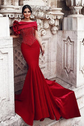 Red Prom Dress Mermaid Off The Shoulder Sequined Beading Formal Dress With Lace