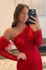 Red Prom Dress Mermaid One Shoulder Lace Detachle Sleeves Corset Long Evening Dress