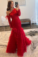 Red Prom Dress Mermaid One Shoulder Lace Detachle Sleeves Corset Long Evening Dress