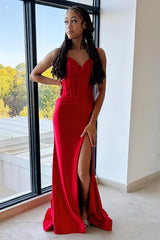 Red Prom Dress Mermaid Spaghetti Straps Long Corset Evening Dress With Slit