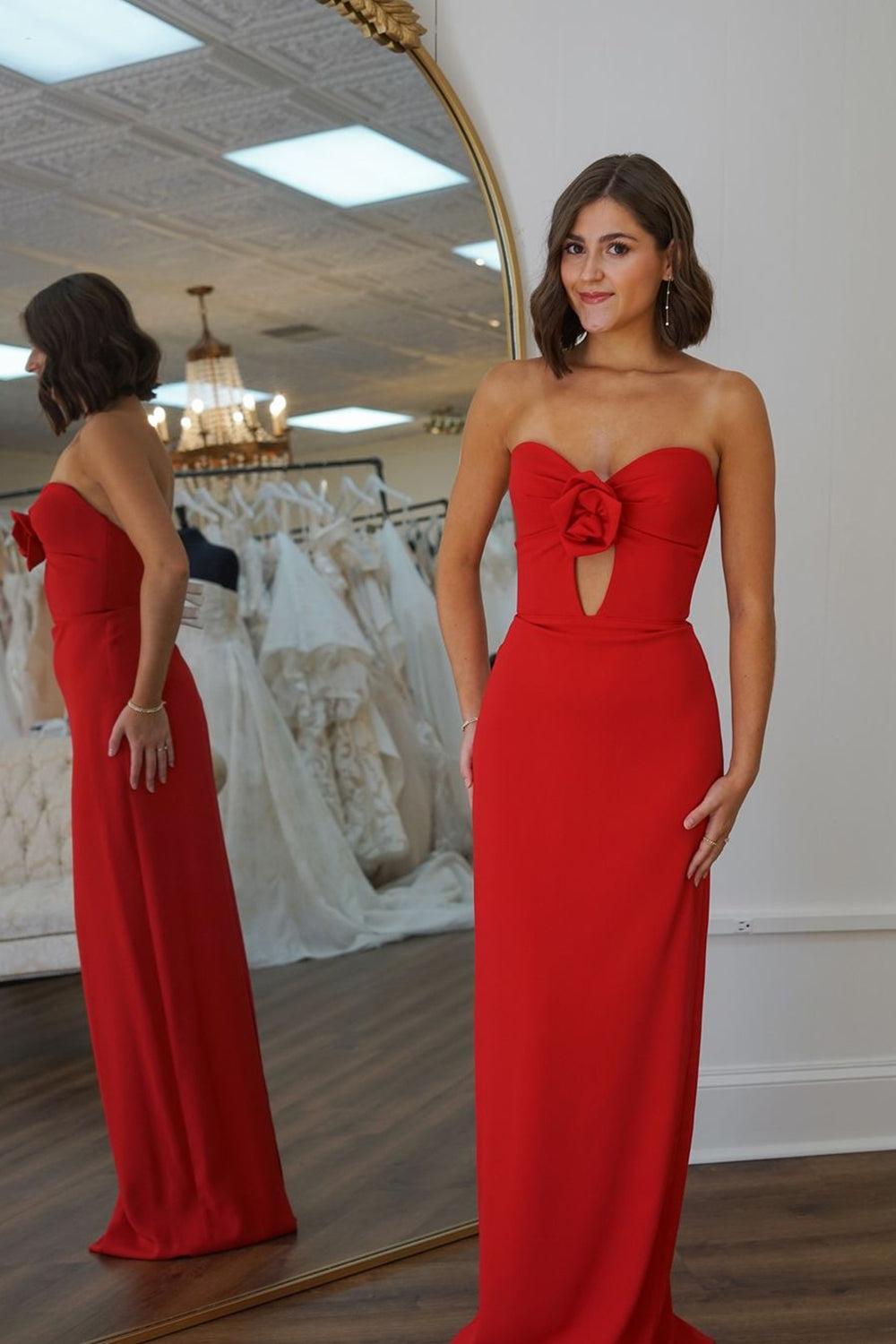 Red Prom Dress Mermaid Sweetheart Long Evening Dress with Flower