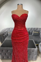 Red Prom Dress Mermaid Sweetheart Sleeveless Sequined Beaded Formal Dress