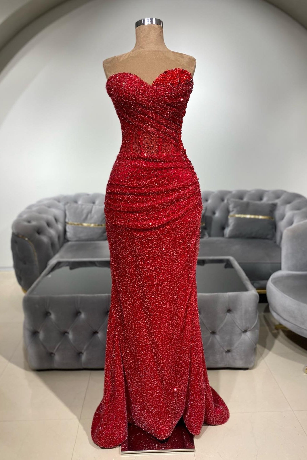 Red Prom Dress Mermaid Sweetheart Sleeveless Sequined Beaded Formal Dress