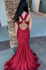 Red Prom Dress Mermaid V Neck Long Evening Dress With Slit