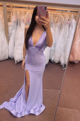 Red Prom Dress Mermaid V Neck Long Evening Dress With Slit