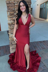 Red Prom Dress Mermaid V Neck Long Evening Dress With Slit