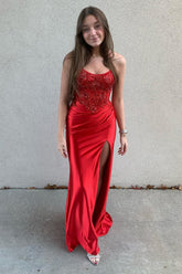 Red Prom Dress Mermiad Corset Long Formal Dress With Slit