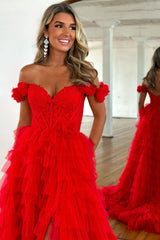 Red Prom Dress Off The Shoulder Appliqued Ruffled Formal Dress With Slit