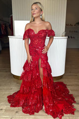 Red Prom Dress Off The Shoulder Tiered Evening Dress