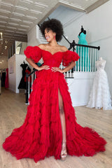 Red Prom Dress Off the Shoulder Tiered Ruffled Long Evening Dress with Slit