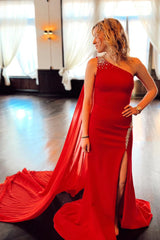 Red Prom Dress One Shoulder Mermaid Streamer Formal Dress With Slit