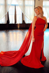 Red Prom Dress One Shoulder Mermaid Streamer Formal Dress With Slit