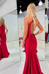 Red Prom Dress One Shoulder Side Cape Mermaid Satin Long Formal Dress