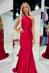 Red Prom Dress One Shoulder Side Cape Mermaid Satin Long Formal Dress