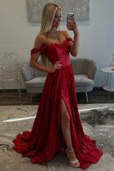 Red Prom Dress Pleated A Line Formal Dress With Slit