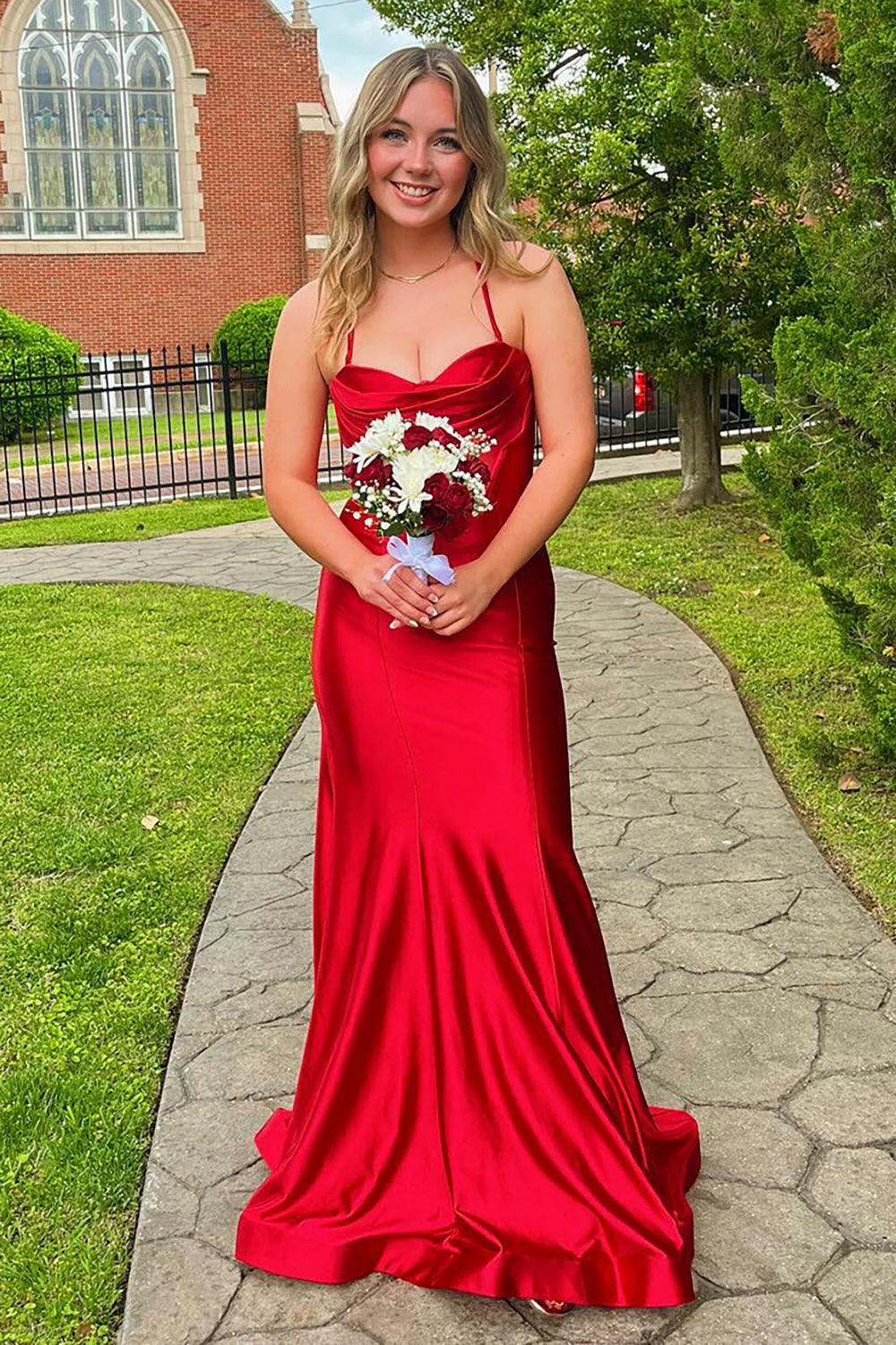 Red Prom Dress Ruche Satin Mermaid Spaghetti Straps Long Formal Dress