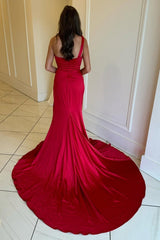 Red Prom Dress Ruched Mermaid One Shoulder Long Formal Dress With Slit
