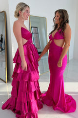 Red Prom Dress Ruffled Ruched Satin A Line Long Formal Dress With Slit