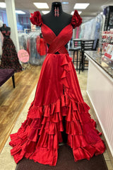 Red Prom Dress Ruffled Satin Hollow Out Long Evening Dress