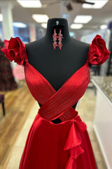 Red Prom Dress Ruffled Satin Hollow Out Long Evening Dress