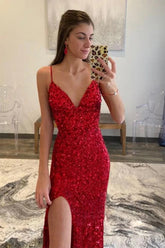 Red Prom Dress Sequined Glitter Evening Dress with Slit