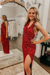 Red Prom Dress Sequined V Neck Backless Evening Dress with Slit