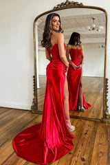 Red Prom Dress Sheath Corset Long Evening Dress with Lace