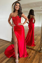 Red Prom Dress Sheath Corset Long Evening Dress with Lace