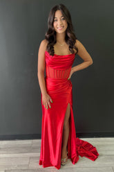 Red Prom Dress Sheath Corset Long Evening Dress with Slit