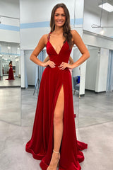Red Prom Dress Sheath V Neck Long Evening Dress With Slit