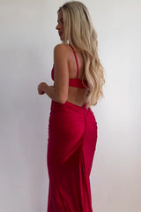 Red Prom Dress Spaghetti Straps Cut Out Long Evening Dress with Slit