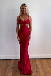 Red Prom Dress Spaghetti Straps Cut Out Long Evening Dress with Slit