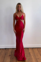 Red Prom Dress Spaghetti Straps Cut Out Long Evening Dress with Slit