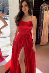 Red Prom Dress Spaghetti Straps Long Evening Dress with Slit