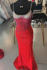 Red Prom Dress Spaghetti Straps Mermaid Corset Long Evening Dress with Slit