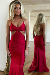 Red Prom Dress Spaghetti Straps Mermaid Cut Out Long Evening Dress with Slit